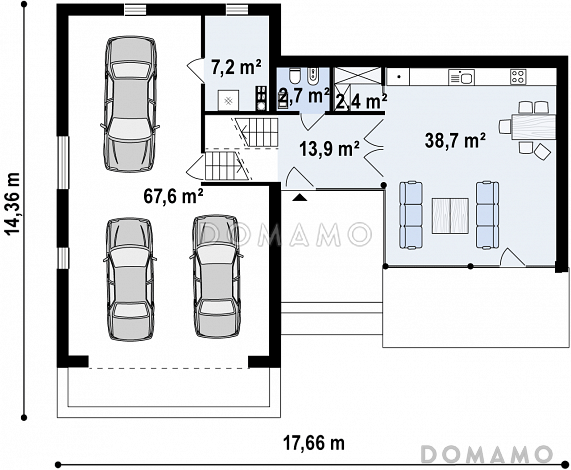 Проект современного двухэтажного дома из кирпича с плоской крышей, с двумя спальнями и подземным гаражом / План 1 этажа