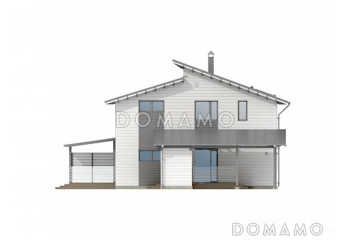 Проект каркасного дома с хозяйственной пристройкой и навесом на две машины / Фасад 1