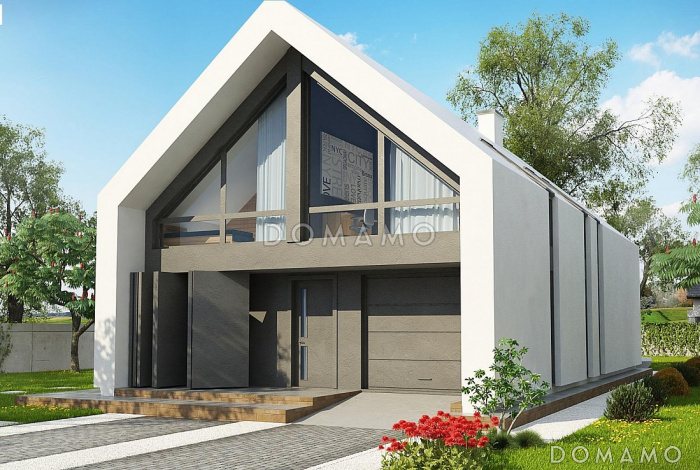 Проект одноэтажного мансардного дома из кирпича с балконом и современными элементами экстерьера и встроенным гаражом