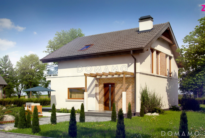 Проект одноэтажного дома с высоким мансардным этажом из газобетона с кабинетом и угловым балконом