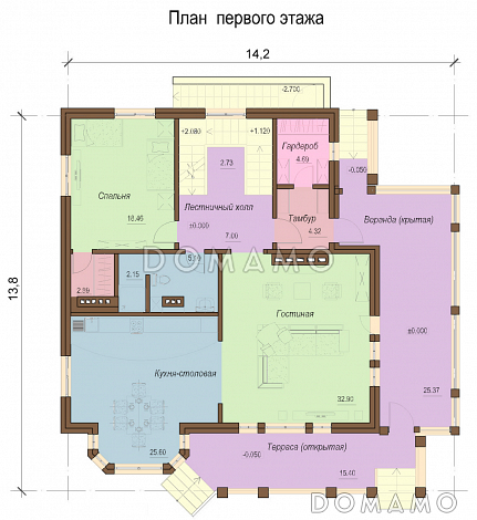 Проект одноэтажного коттеджа с цокольным и мансардным этажами, с зимним садом и вторым светом / План 1 этажа