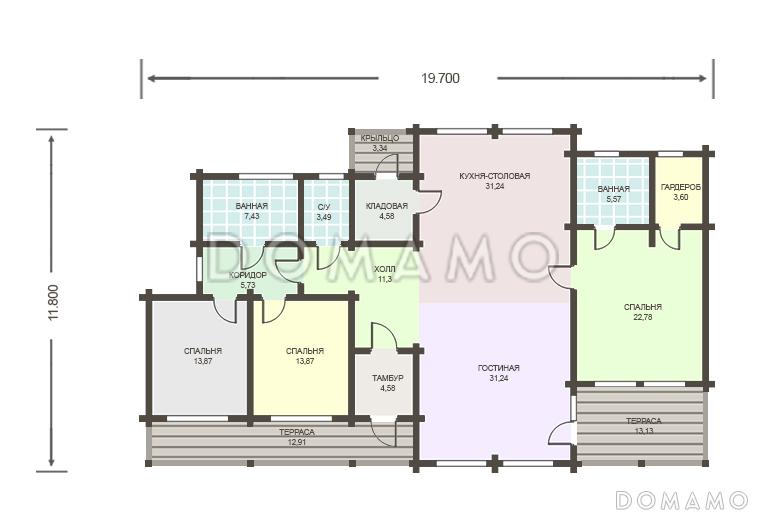 Проект каркасного дома с панорамным остеклением с тремя спальнями / План 1 этажа