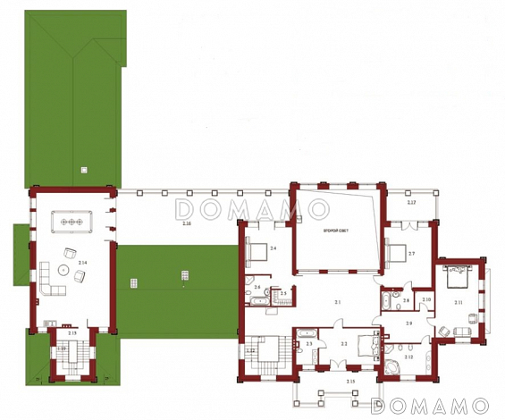 Проект элитного особняка из кирпича с бассейном и сауной на первом этаже / План 2 этажа