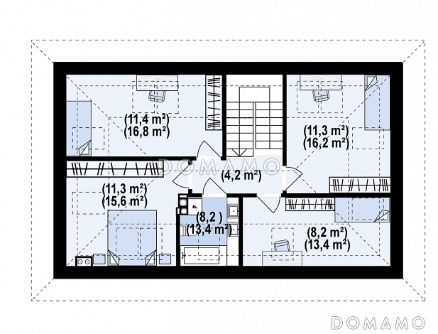 Проект комфортного одноэтажного загородного дома с мансардой, гаражом, санузлом на первом этаже, просторной дневной зоной / План мансардного этажа
