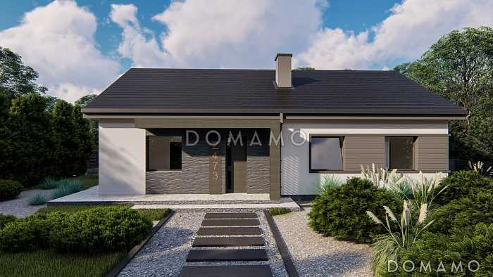 Проект одноэтажного дома простой формы с тремя спальнями,  изолированной кухней