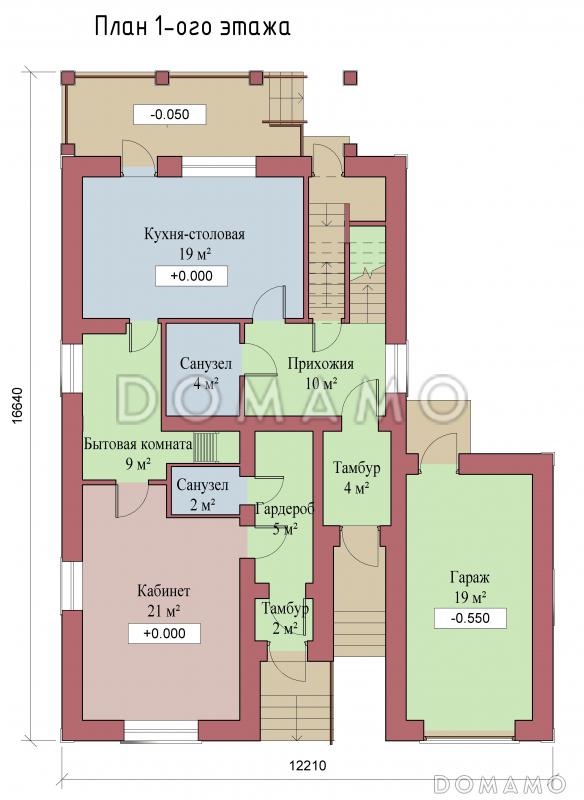 Проект двухэтажного коттеджа с цоколем, с гаражом и отдельным входом в кабинет / План 1 этажа