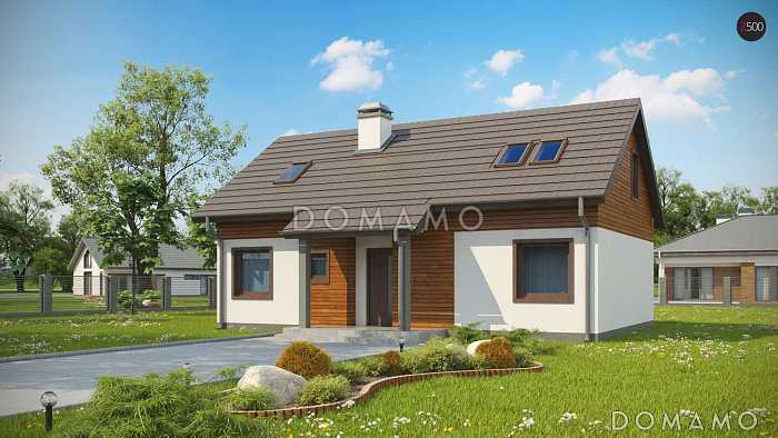 Проект мансардного дома из газобетона с острой крышей, с тремя спальнями и небольшой крытой террасой