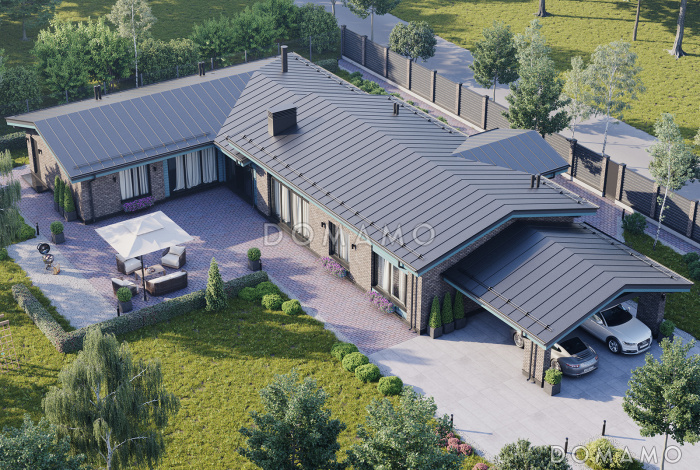 Проект Г-образного дома из газобетона с закрытой террасой, навесом, мастер-спальней, гостевой и детской