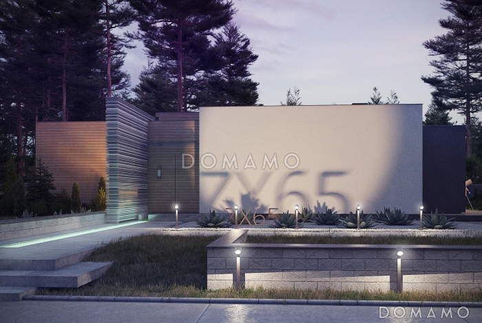 Проект одноэтажного дома с плоской крышей, большой террасой,  тремя спальнями