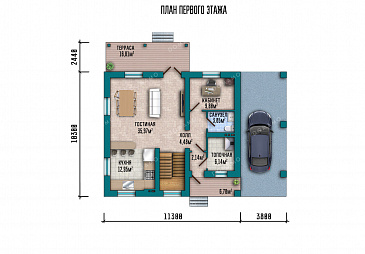 Проект загородного дома с мансардой, навесов для автомобиля, кабинетом и тремя спальнями / План 1 этажа