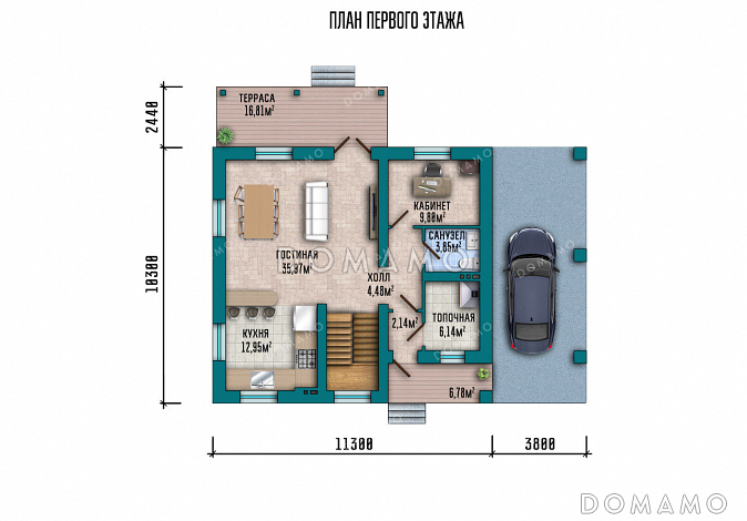 Проект загородного дома с мансардой, навесов для автомобиля, кабинетом и тремя спальнями / План 1 этажа