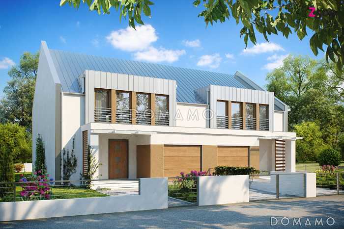 Проект современных мансардных домов-близнецов из газобетона с гаражом, тремя спальнями и красивым слуховым окном и балконом