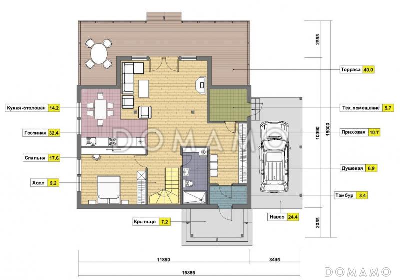 Проект дома из газобетона с навесом для машины / План 1 этажа