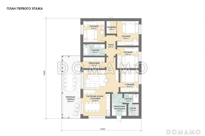 Проект одноэтажного дома с большой террасой, 4 спальнями и сауной / План 1 этажа