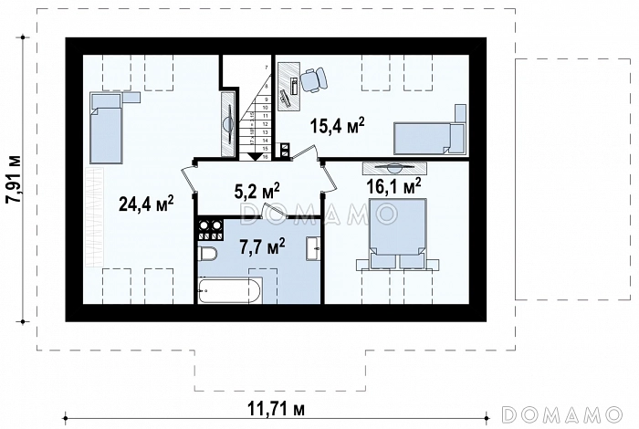Проект одноэтажного дома из газобетона с тремя спальнями на мансардном этаже и гаражом  / План мансардного этажа