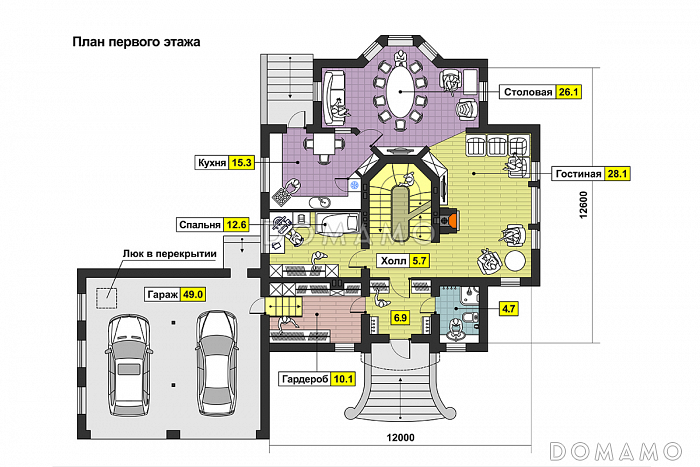 Проект дома с бассейном, сауной, спортзалом в цокольном этаже, гаражом на две машины, столовой с эркером, спальней на первом этаже, вторым светом, балконами / План 1 этажа