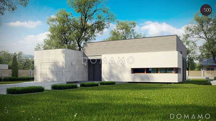 Проект современного одноэтажного дома из газобетона с плоской крышей с тремя спальнями, частично крытой террасой и одноместным гаражом