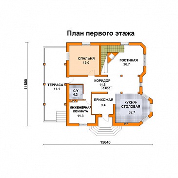 Проект дома из газобетона с башней / План 1 этажа