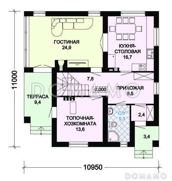 Проект дома из пеноблоков с необычной отделкой / План 1 этажа