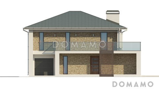 Проект современного двухэтажного дома из кирпича с дополнительной спальней на первом этаже, гаражом и открытой террасой на втором этаже / Фасад 1