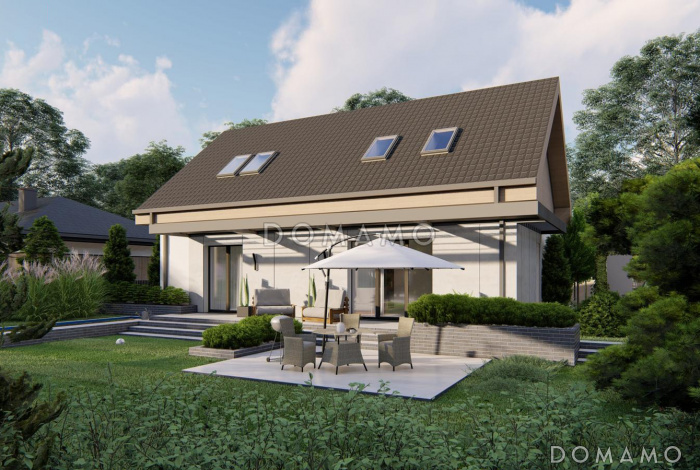 Проект загородного дома с большим чердаком, кладовой на кухне, двумя спальнями