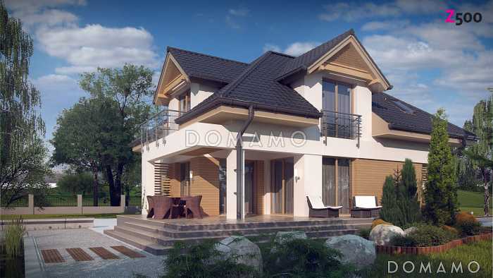 Проект одноэтажного мансардного дома из кирпича с кабинетом, гаражом и комнатой над гаражом