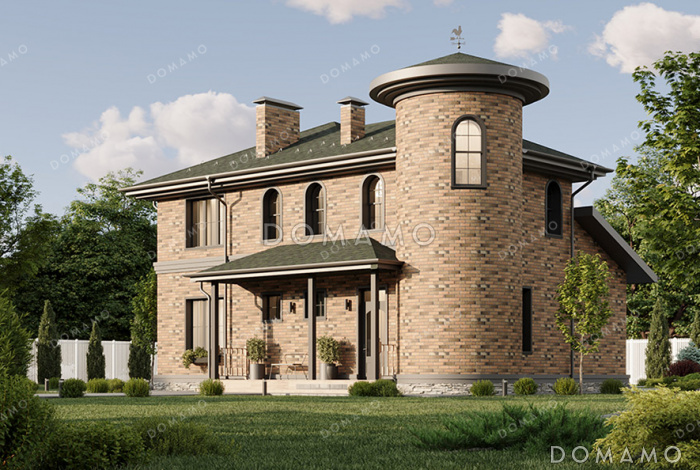 Проект двухэтажного дома с башней в замковом стиле, большим подвалом и продуманными планировочными решениями