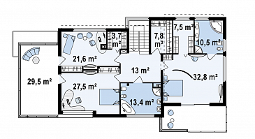 Проект современного двухэтажного дома в стиле хай-тек из газобетона с плоской крышей, балконом и гаражом с двумя отдельными въездами  / План 2 этажа