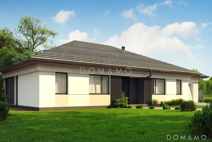 Проект комфортного одноэтажного дома из газобетона с четырьмя спальнями и гаражом