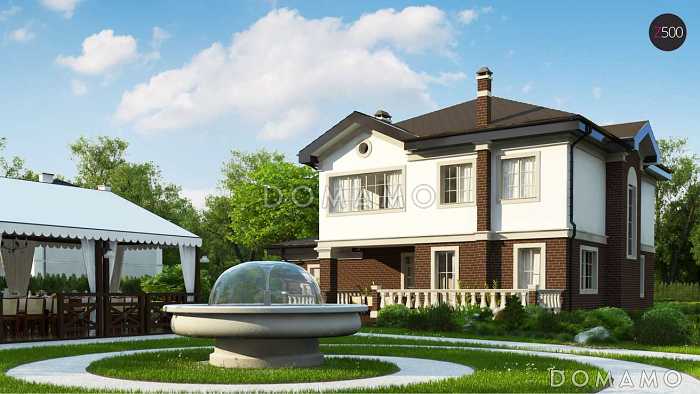 Проект современного двухэтажного дома из кирпича с четырьмя комнатами, гаражом и зимним садом на втором этаже