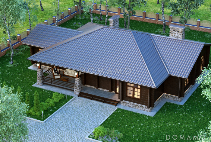 Проект одноэтажного дома с отделкой под брус и витражными окнами