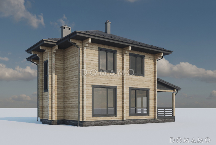 Проект двухэтажного дома из бруса с четырьмя спальнями, кабинетом и крытой террасой