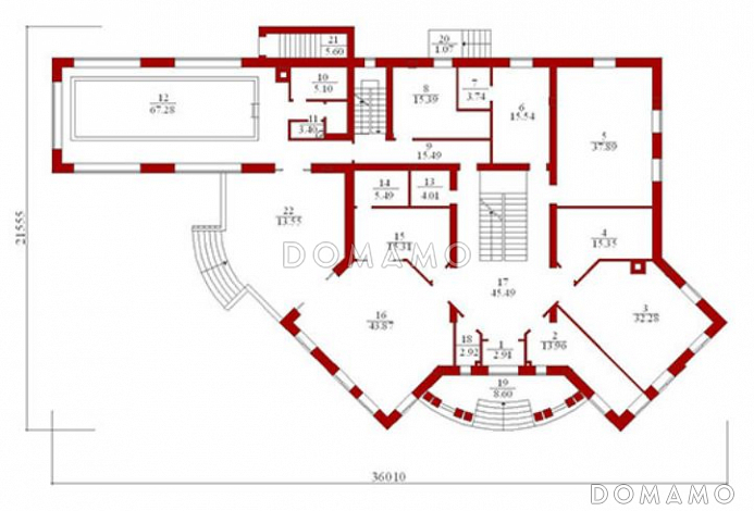 Проект двухэтажного особняка из кирпича с колоннами в классическом стиле / План 1 этажа