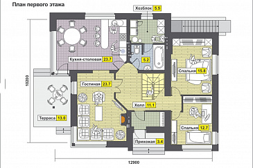 Проект светлого дома с бильярдной и спортзалом в цокольном этаже,  длинным балконом,  панорамными окнами в спальне на мансарде / План 1 этажа