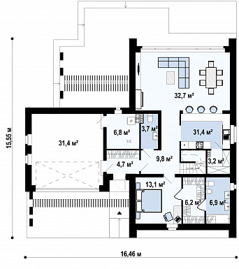 Проект современного одноэтажного мансардного дома из газобетона с панорамным остеклением, вторым светом и с гаражом  / План 1 этажа