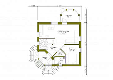 Проект квадратного коттеджа со входом с угла / План 1 этажа