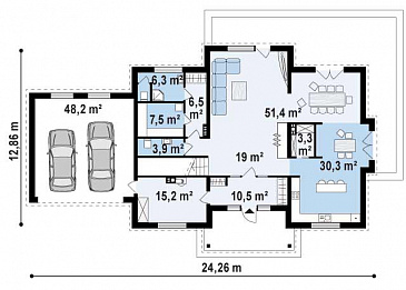 Проект большого двухэтажного дома из газобетона с четырьмя спальнями, гаражом, сауной и просторной дневной зоной / План 1 этажа