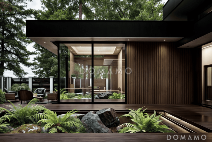 Проект одноэтажного дома с зоной барбекю, сауной и гаражом