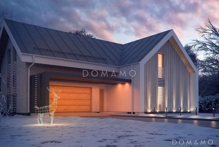 Проект современного одноэтажного мансардного дома из газобетона с панорамным остеклением, вторым светом и с гаражом 