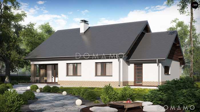 Проект одноэтажного дома из кирпича с тремя спальнями и гаражом, с возможностью обустроить мансарду