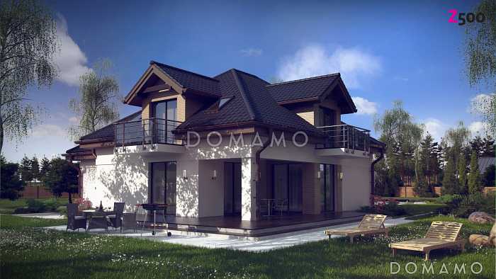 Проект одноэтажного мансардного дома из кирпича с кабинетом, гаражом и тремя балконами