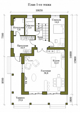 Проект трехэтажного кирпичного дома с пятью спальнями, холодным чердаком и подвалом / План 1 этажа