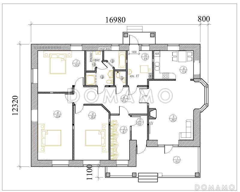 Одноэтажный дом из крупноформатного кирпича с тремя спальнями, большой кухней-гостиной и сауной / План 1 этажа