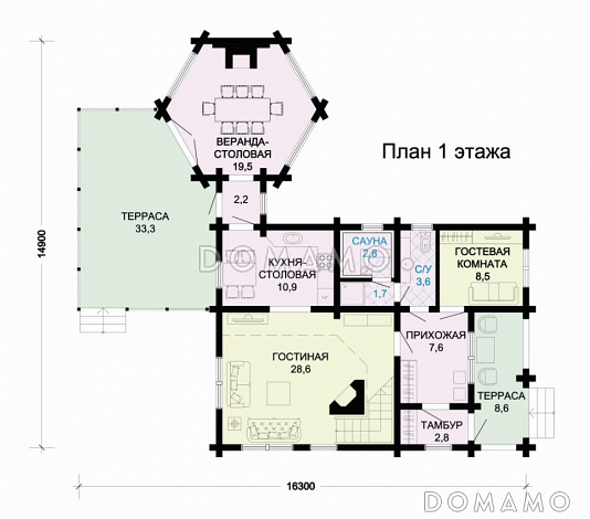 Проект комфортабельного бревенчатого дома с вынесенной столовой / План 1 этажа