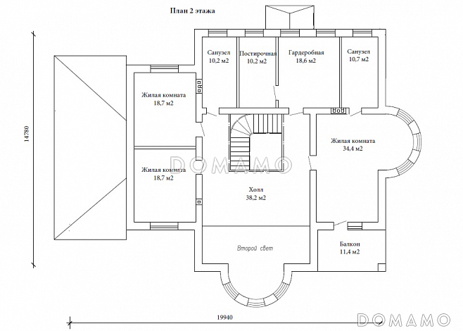 Проект двухэтажного дома в византийском стиле из газобетона с двумя круглыми эркерами и гаражом / План 2 этажа