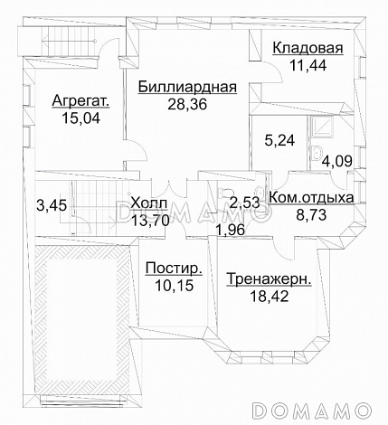 Проект дома из кирпича с гаражом и биллиардной / План цокольного этажа