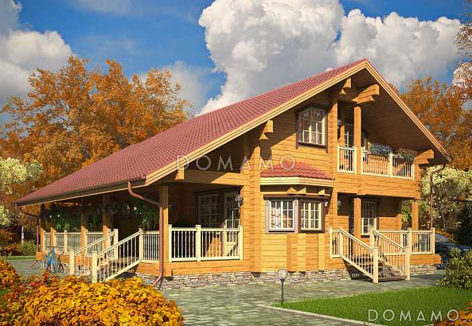 Проект дома из клееного бруса с просторной гэобразной крытой террасой