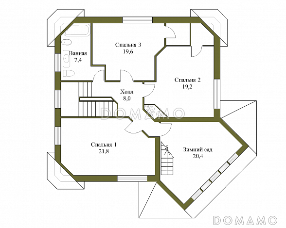Проект трёхэтажного коттеджа с подвалом и зимним садом / План 2 этажа