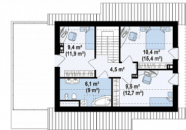 Проект компактного одноэтажного мансардного дома из газобетона с кабинетом, тремя спальнями и открытой террасой над гаражом / План мансардного этажа