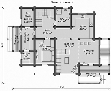 Проект дома с тремя спальными комнатами с двумя балконами и санузлом на втором этаже / План 1 этажа